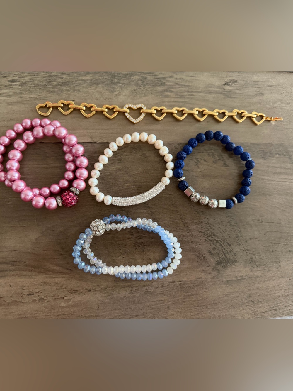 Assorted Beaded Bracelet Set in Pink, Blue, White, Navy & Gold